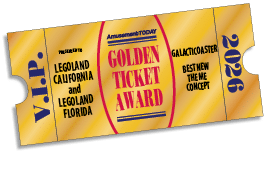 A golden ticket award with VIP text on the sides, presented to Legoland California and Florida for the GalacticCoaster best new theme concept in 2026. Description generated by AI