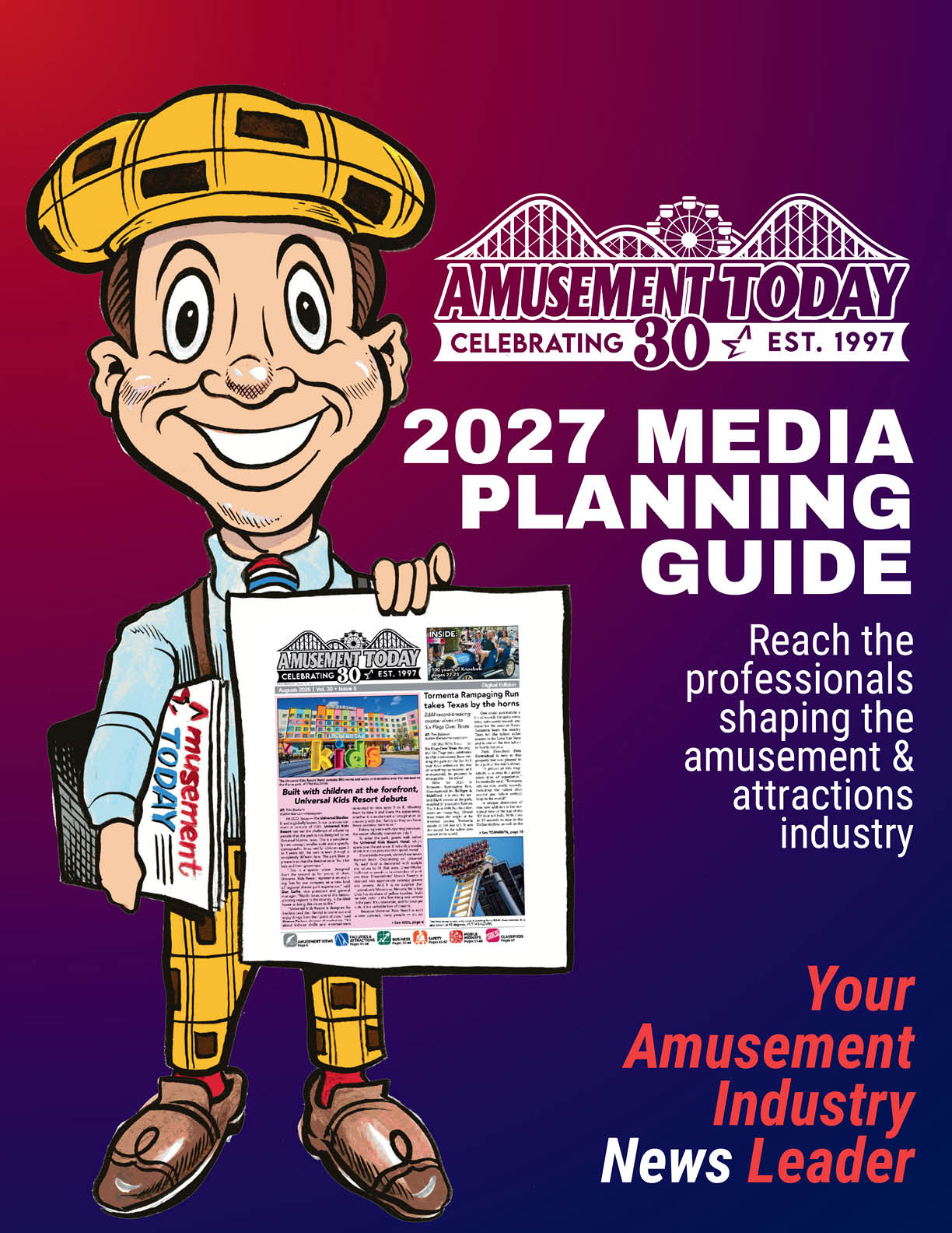 A cartoon character wearing a yellow plaid hat and suspenders holds a newspaper and a rolled-up magazine with text promoting the 2027 Amusement Today Media Planning Guide for the amusement and attractions industry. Description generated by AI