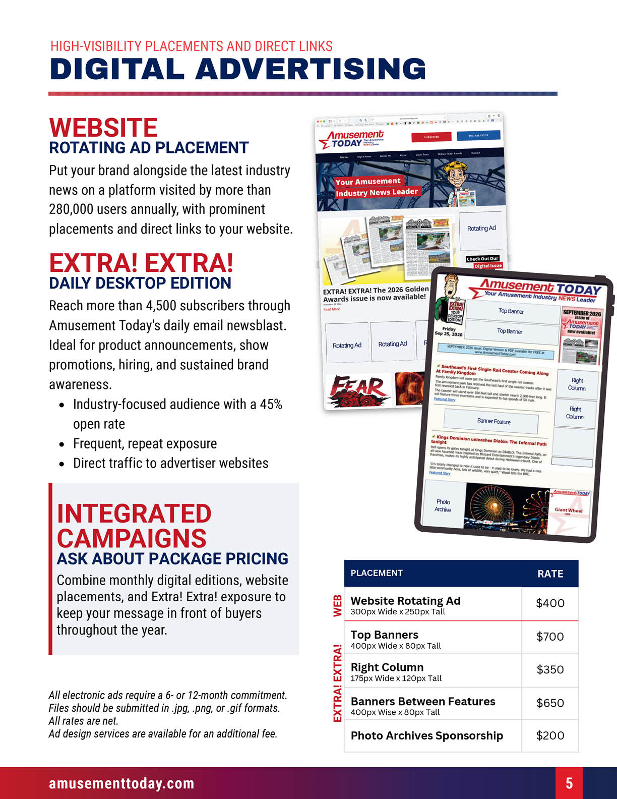 A digital advertising flyer promoting website rotating ad placements and integrated campaigns with pricing details and sample ad visuals for Amusement Today. Description generated by AI