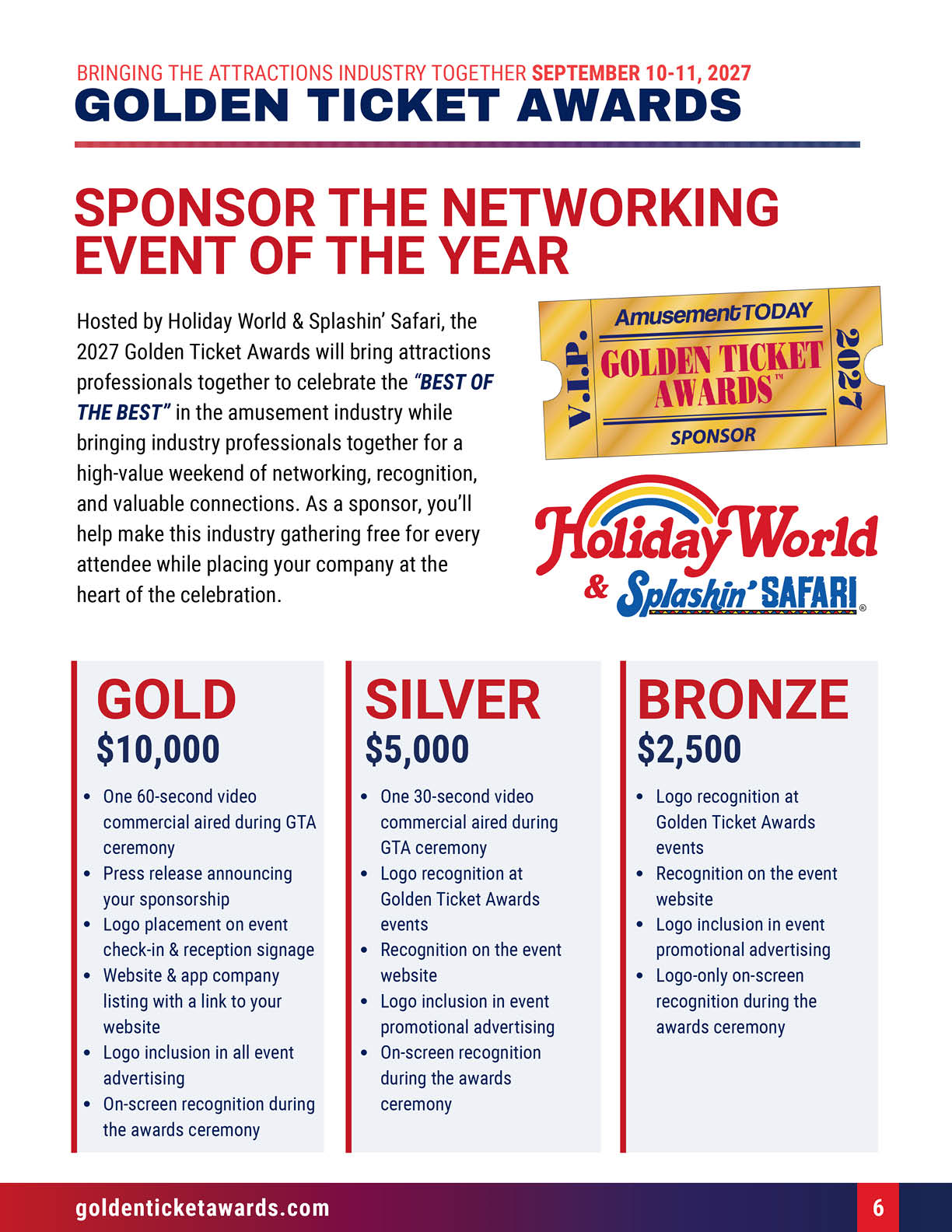 A promotional flyer for the Golden Ticket Awards inviting sponsors to support the networking event with detailed sponsorship levels and benefits. Description generated by AI