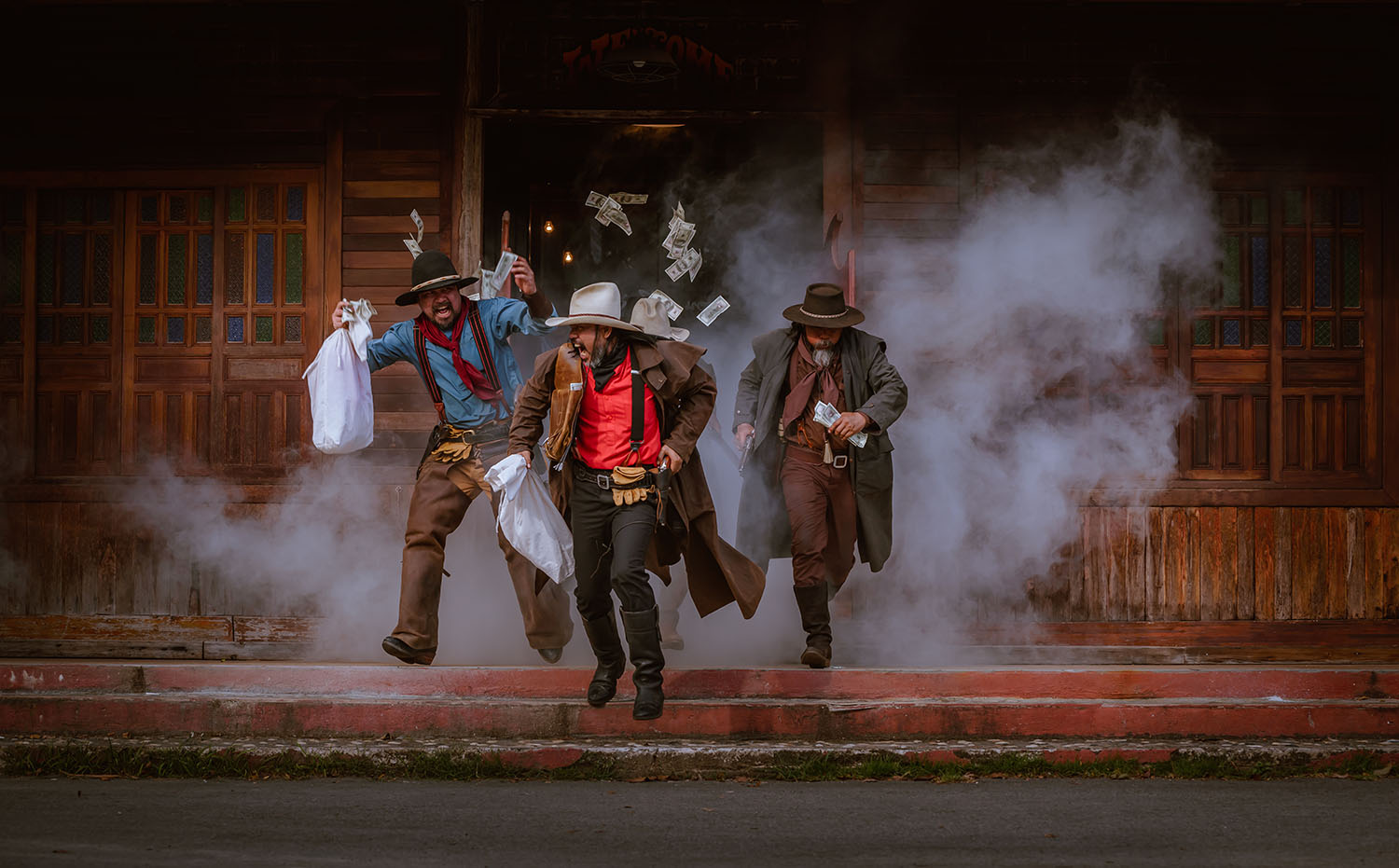 Cowboys,Group,Showing,Action,Success,Bank,Rob,With,Fighting,Gun